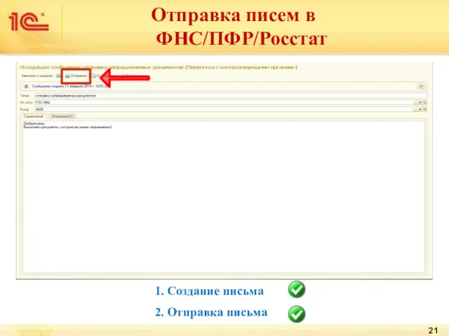 Отправка писем в ФНС/ПФР/Росстат 1. Создание письма 2. Отправка письма