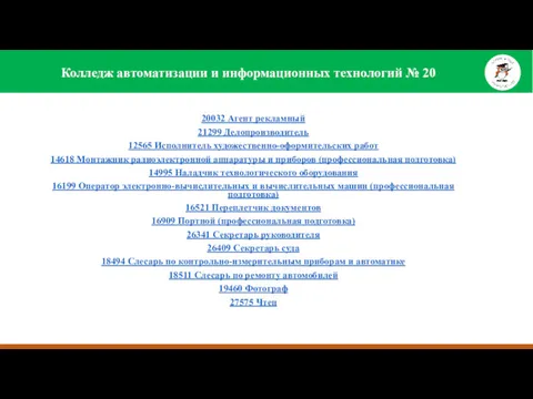 20032 Агент рекламный 21299 Делопроизводитель 12565 Исполнитель художественно-оформительских работ 14618