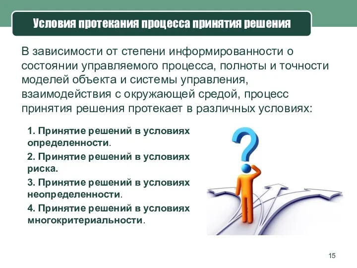 Условия протекания процесса принятия решения В зависимости от степени информированности