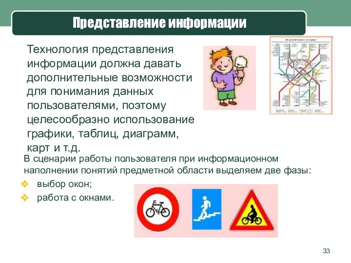 Представление информации В сценарии работы пользователя при информационном наполнении понятий