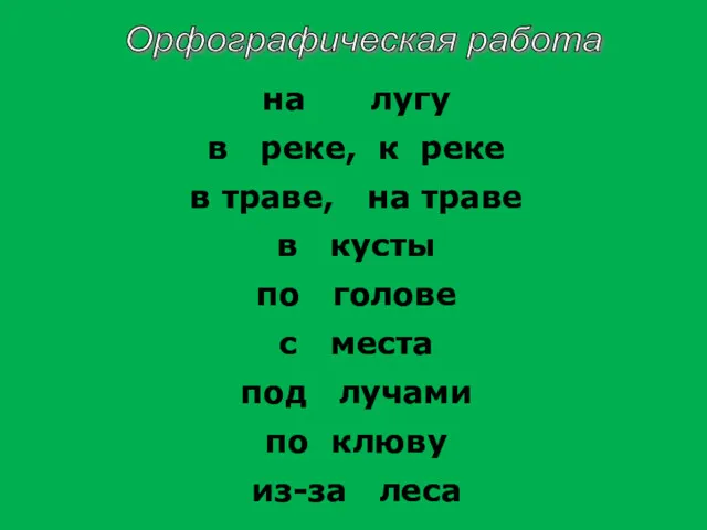 Орфографическая работа на лугу в реке, к реке в траве,