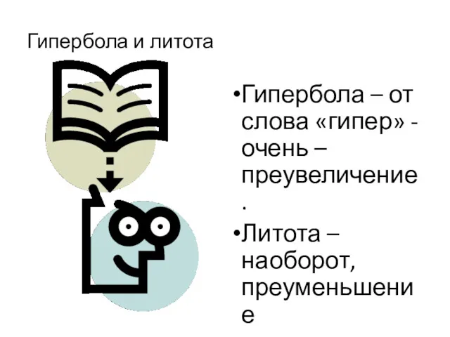 Гипербола и литота Гипербола – от слова «гипер» - очень – преувеличение. Литота – наоборот, преуменьшение