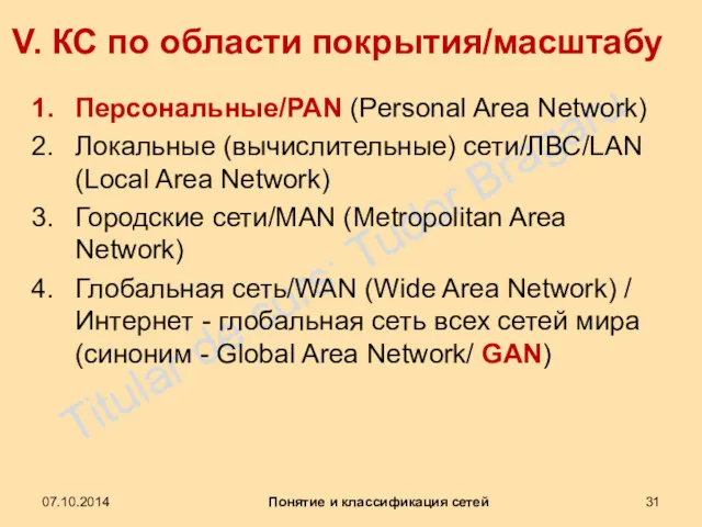 V. КС по области покрытия/масштабу Персональные/PAN (Personal Area Network) Локальные