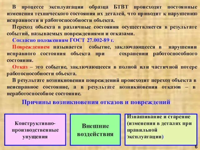 В процессе эксплуатации образца БТВТ происходят постоянные изменения технического состояния