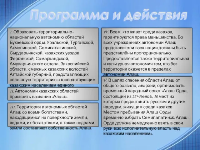 Программа и действия I. Образовать территориально-национальную автономию областей Букеевской орды,