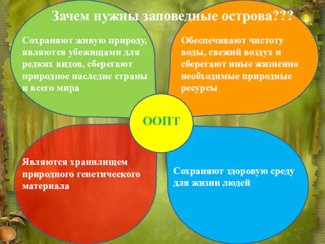 Зачем нужны заповедные острова??? Сохраняют живую природу, являются убежищами для