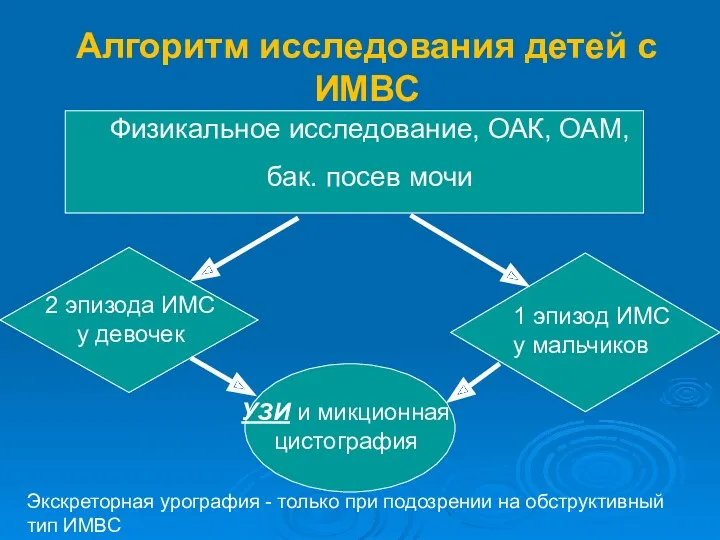 Алгоритм исследования детей с ИМВС Физикальное исследование, ОАК, ОАМ, бак.