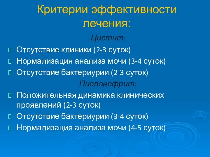 Критерии эффективности лечения: Цистит: Отсутствие клиники (2-3 суток) Нормализация анализа