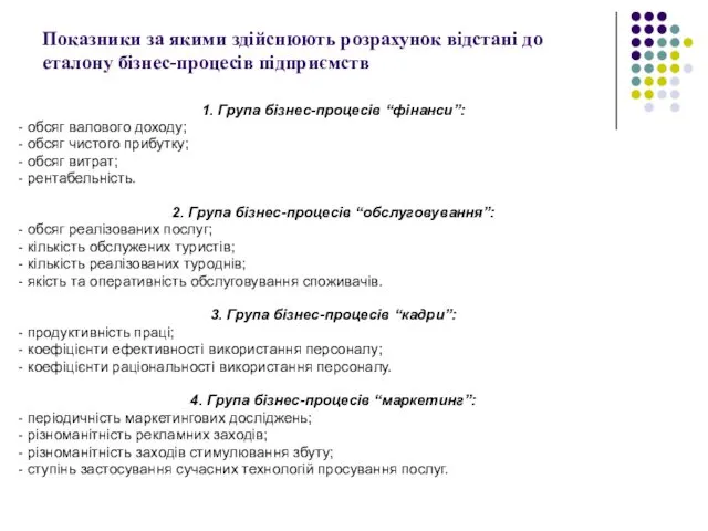 Показники за якими здійснюють розрахунок відстані до еталону бізнес-процесів підприємств