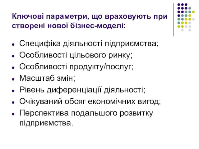 Ключові параметри, що враховують при створені нової бізнес-моделі: Специфіка діяльності