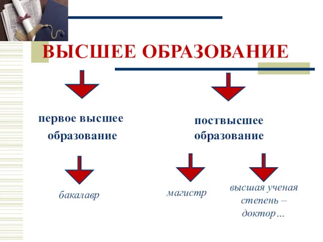 ВЫСШЕЕ ОБРАЗОВАНИЕ первое высшее образование поствысшее образование бакалавр магистр высшая ученая степень – доктор…