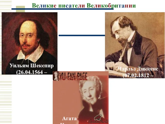 Великие писатели Великобритании Уильям Шекспир (26.04.1564 – 23.04.1616) Чарльз Диккенс