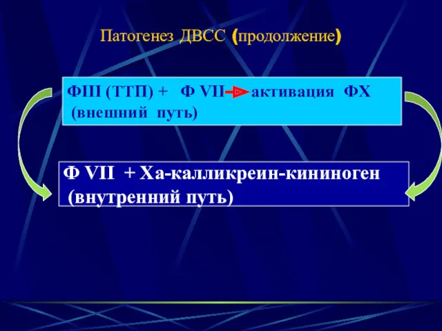 Патогенез ДВСС (продолжение) ФIII (ТТП) + Ф VII активация ФX