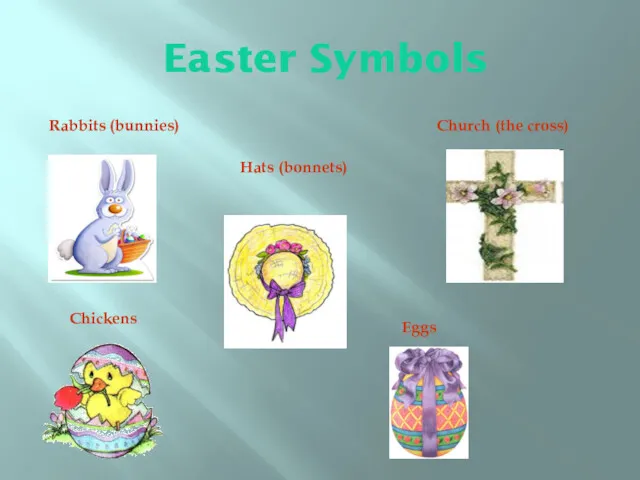 Rabbits (bunnies) Easter Symbols Hats (bonnets) Church (the cross) Chickens Eggs