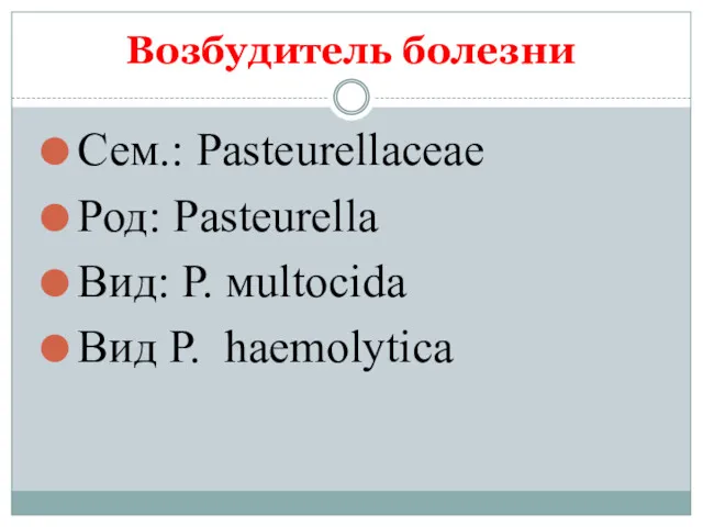 Возбудитель болезни Сем.: Pasteurellaceae Род: Pasteurella Вид: Р. мultocida Вид Р. haemolytica
