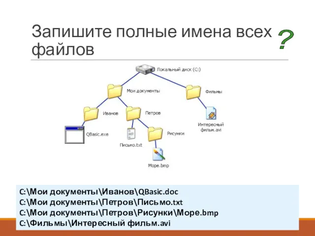 Запишите полные имена всех файлов C:\Мои документы\Иванов\QBasic.doc C:\Мои документы\Петров\Письмо.txt C:\Мои документы\Петров\Рисунки\Море.bmp C:\Фильмы\Интересный фильм.avi ?