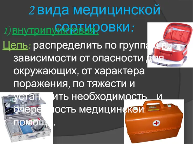 2 вида медицинской сортировки: 1) внутрипунктовая: Цель: распределить по группам