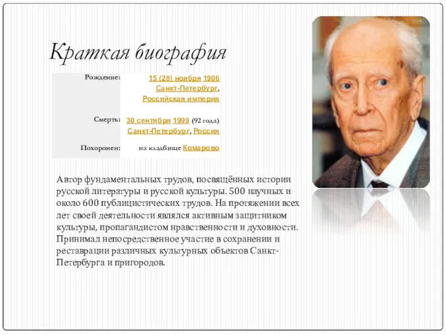 Краткая биография Автор фундаментальных трудов, посвящённых истории русской литературы и