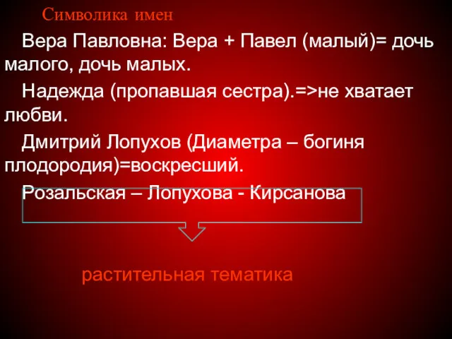 Вера Павловна: Вера + Павел (малый)= дочь малого, дочь малых.