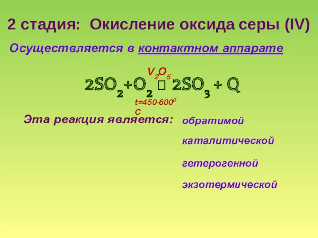 2 стадия: Окисление оксида серы (IV) 2SO2+O2 ⮀ 2SO3 +