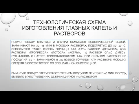 ТЕХНОЛОГИЧЕСКАЯ СХЕМА ИЗГОТОВЛЕНИЯ ГЛАЗНЫХ КАПЕЛЬ И РАСТВОРОВ НОВУЮ ПОСУДУ СНАРУЖИ И ВНУТРИ ОБМЫВАЮТ