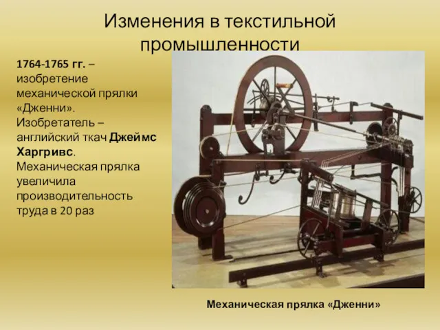 Изменения в текстильной промышленности 1764-1765 гг. – изобретение механической прялки