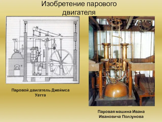 Изобретение парового двигателя Паровой двигатель Джеймса Уатта Паровая машина Ивана Ивановича Ползунова