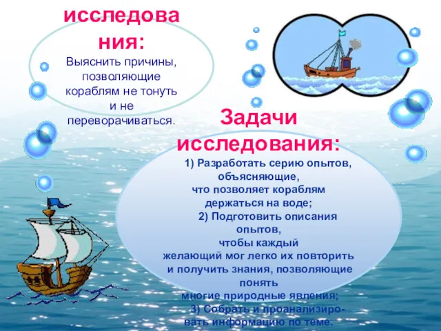 Цель исследования: Выяснить причины, позволяющие кораблям не тонуть и не