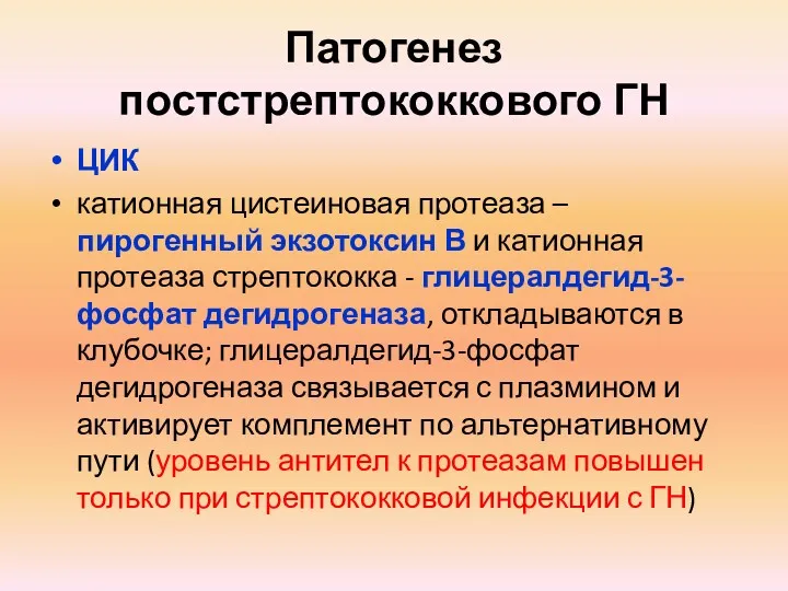 Патогенез постстрептококкового ГН ЦИК катионная цистеиновая протеаза – пирогенный экзотоксин