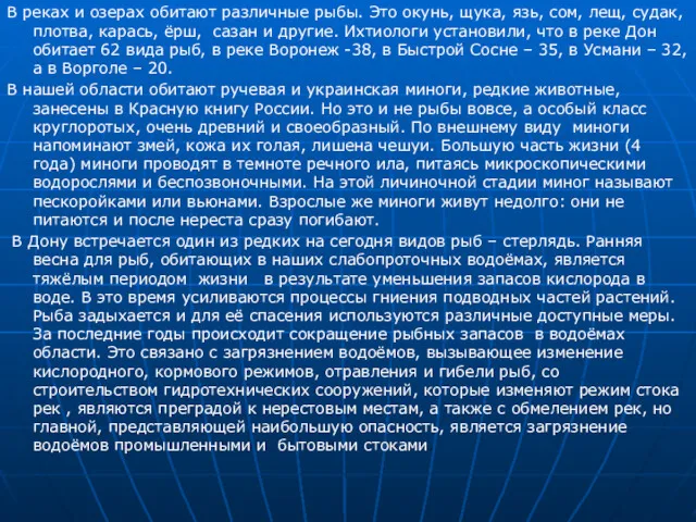 В реках и озерах обитают различные рыбы. Это окунь, щука,