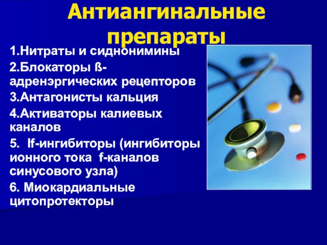 Антиангинальные препараты 1.Нитраты и сиднонимины 2.Блокаторы ß-адренэргических рецепторов 3.Антагонисты кальция