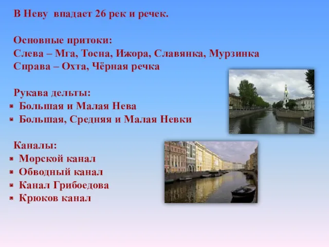 В Неву впадает 26 рек и речек. Основные притоки: Слева