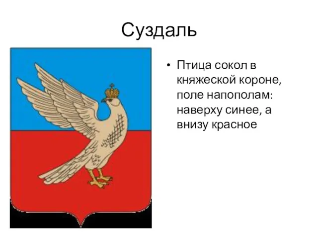 Суздаль Птица сокол в княжеской короне, поле напополам: наверху синее, а внизу красное