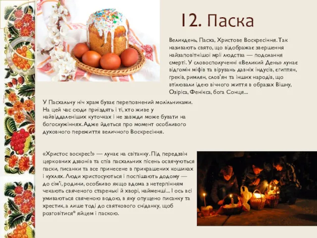 12. Паска Великдень, Пасха, Христове Воскресіння. Так називають свято, що