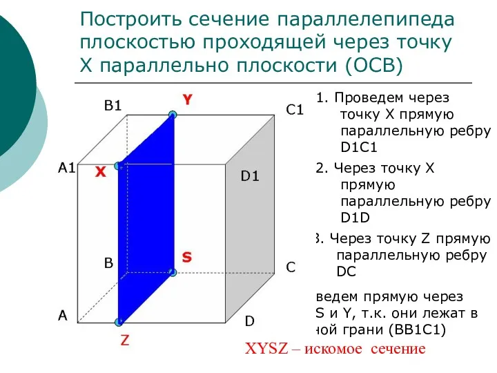 Построить сечение параллелепипеда плоскостью проходящей через точку Х параллельно плоскости