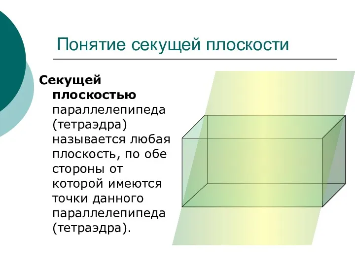 Понятие секущей плоскости Секущей плоскостью параллелепипеда (тетраэдра) называется любая плоскость,