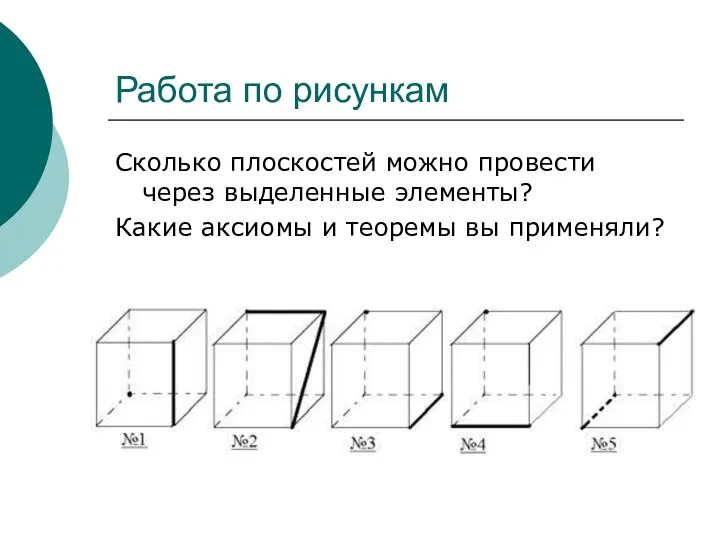 Работа по рисункам Сколько плоскостей можно провести через выделенные элементы? Какие аксиомы и теоремы вы применяли?