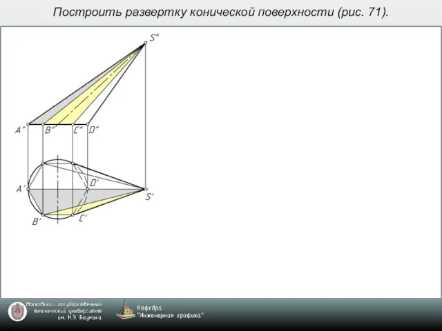 Построить развертку конической поверхности (рис. 71).