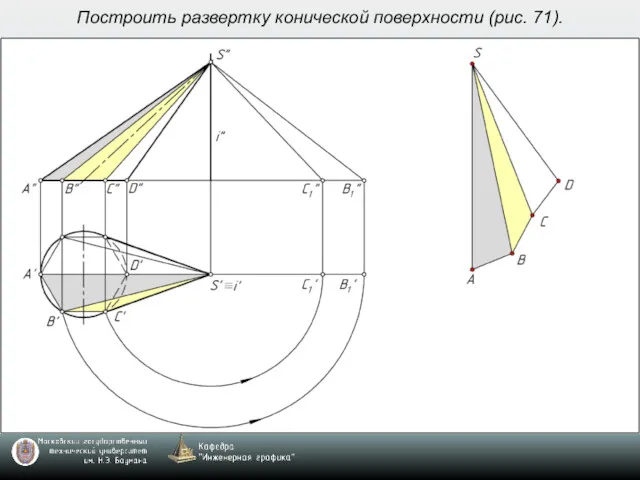 Построить развертку конической поверхности (рис. 71).