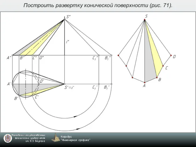 Построить развертку конической поверхности (рис. 71).