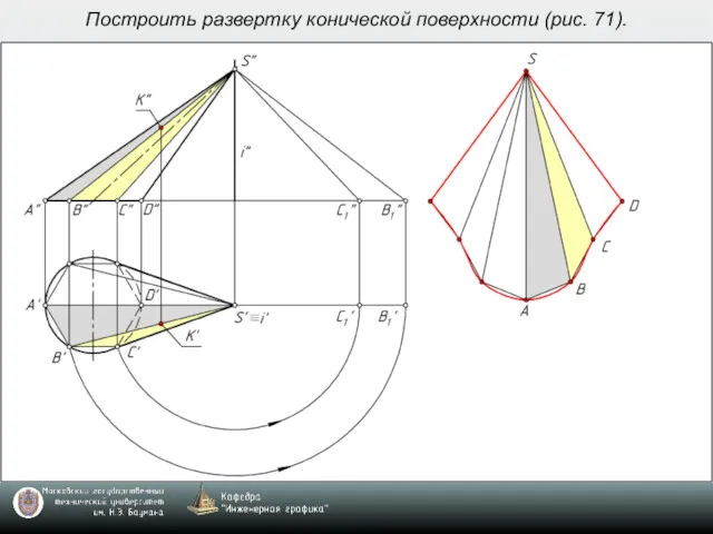 Построить развертку конической поверхности (рис. 71).