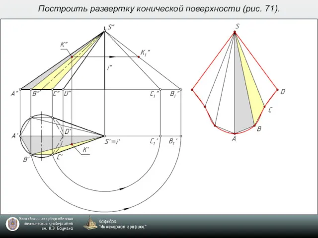 Построить развертку конической поверхности (рис. 71).