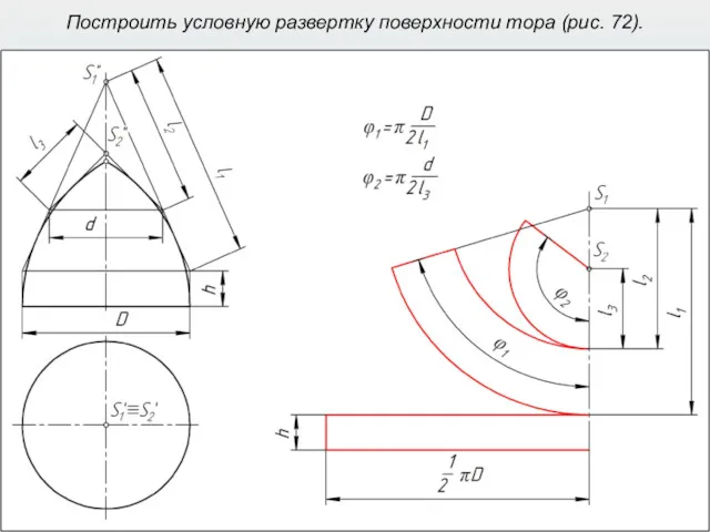 Построить условную развертку поверхности тора (рис. 72).