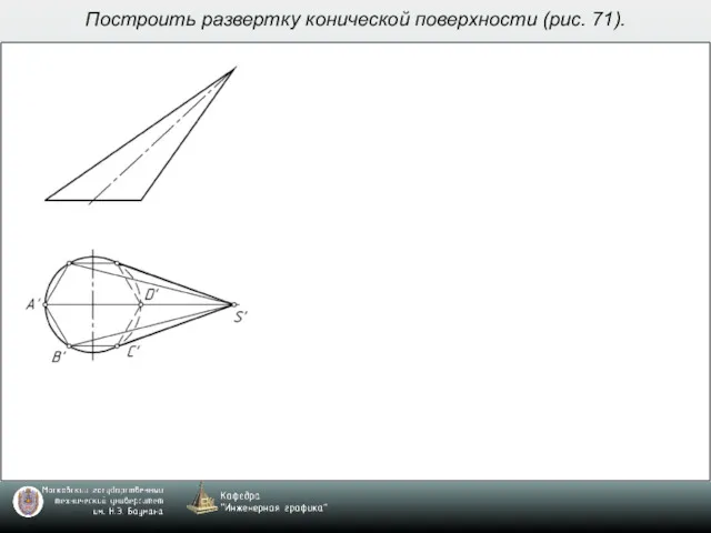 Построить развертку конической поверхности (рис. 71).