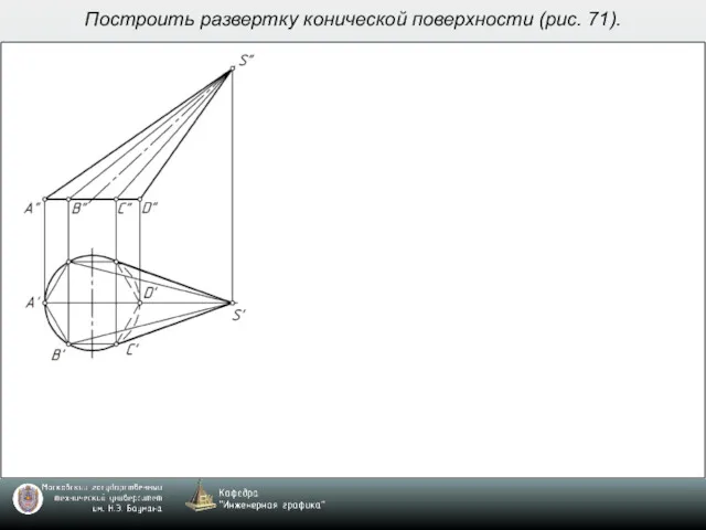 Построить развертку конической поверхности (рис. 71).