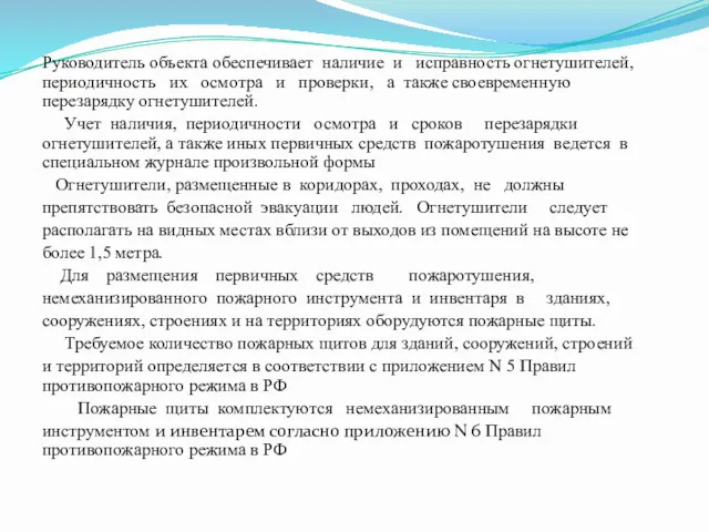 Руководитель объекта обеспечивает наличие и исправность огнетушителей, периодичность их осмотра