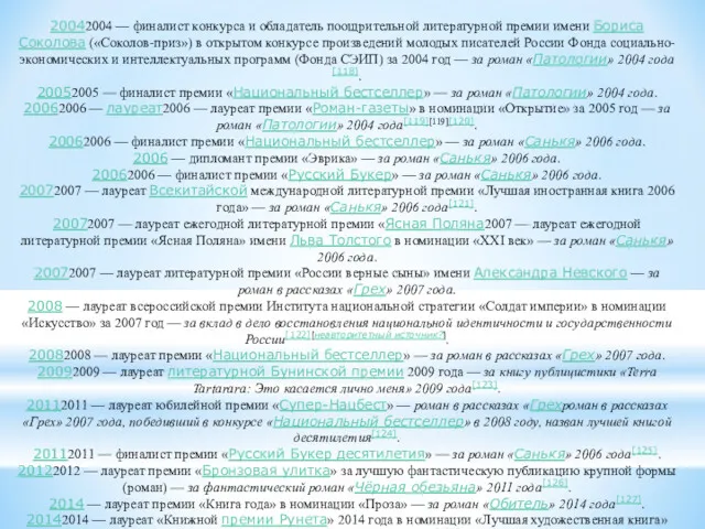 20042004 — финалист конкурса и обладатель поощрительной литературной премии имени