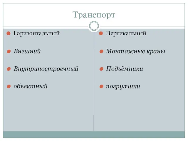 Транспорт Горизонтальный Внешний Внутрипостроечный объектный Вертикальный Монтажные краны Подъёмники погрузчики