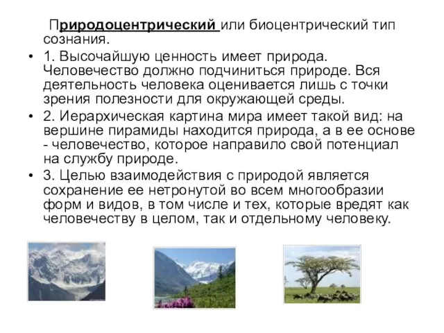 Природоцентрический или биоцентрический тип сознания. 1. Высочайшую ценность имеет природа.
