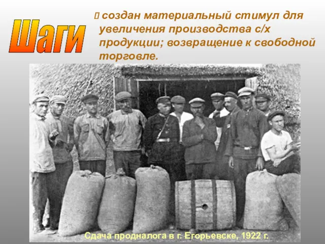 Шаги Сдача продналога в г. Егорьевске, 1922 г. создан материальный стимул для увеличения